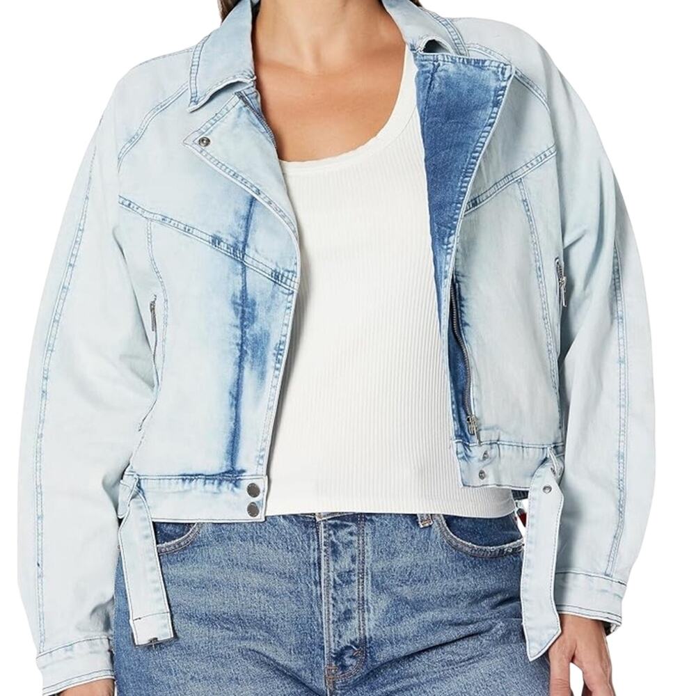 City Chic Retro Denim Jacket Light Wash Cropped Belted Moto Plus Size 20 GUC